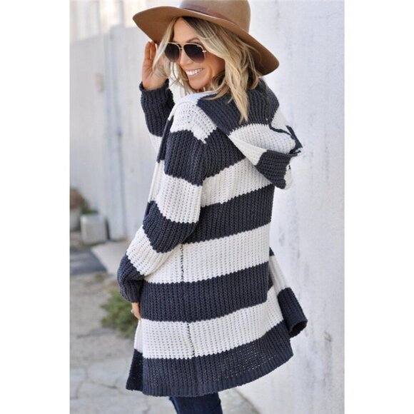 Chunky Oversized Charcoal & White Striped Open Front Sweater Cardigan with Hood - Picture 1 of 7